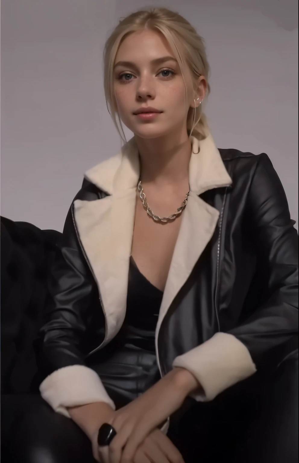 Woman, americana, age 25, pale skin and freckles, grey-eyed, delicate nose, soft and delicate lips, distant, cabelo blondie distant e ondulado na altura da cintura, Sweet smile, face with delicate feminine facial features, highly rendered, black leather pants