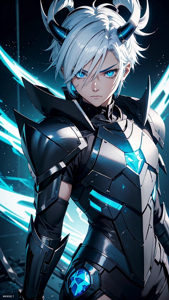 Make a male character ((extreme quality))anime girl with white spiky hair with a helmet with four pointy horns on the side and the eye openings on the helmet are like blue glass and matte black armor and blue symbols and marks all over its shoulder pads like scorpions&#39; tails and various spikes and on his back six different moons bracelets with humic designs he has boots as dark as the night,he walks on a river and the moon is in the sky with black clouds and a sentence in this image (for the bank... MOON LORD PRIME) and he is in front 