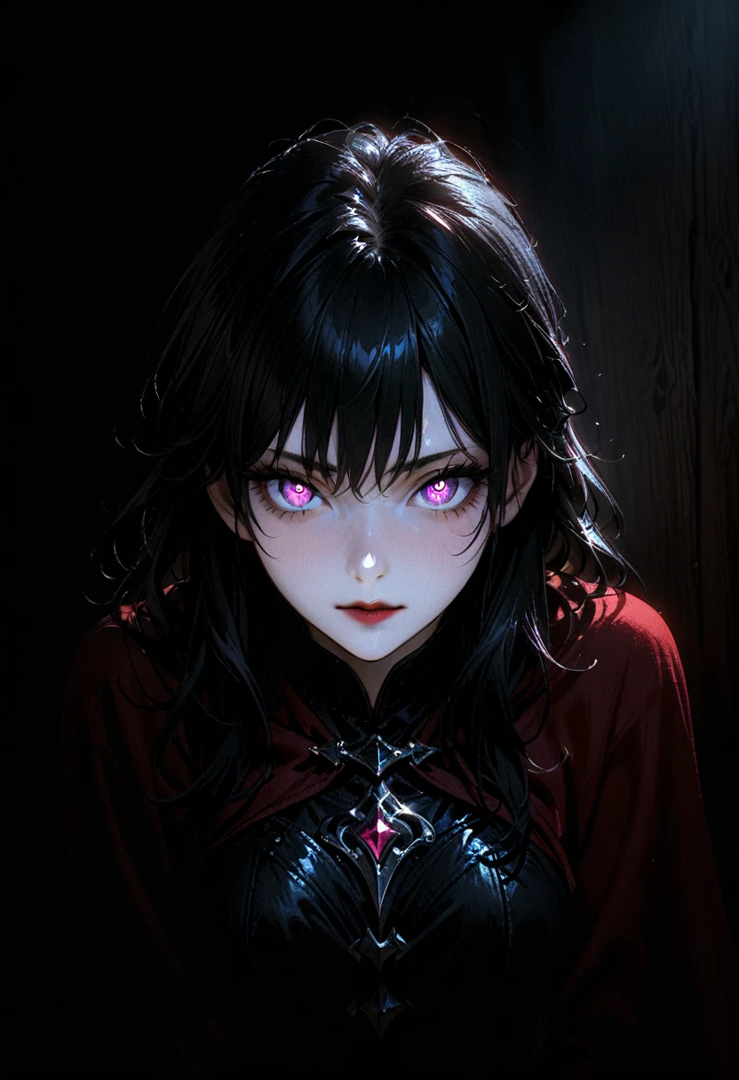 full body portrait, 1girl, solo, (long black hair), detailed face, mischief expression, pale white skin, pink eyes, (detailed eyes), long eyelashes, black eye liner, red lipstick, black tunic, red cloak, long dress, leather glove, (chest armor), moonlight, hard lighting, blue light, cold light, (medieval theme), (masterpiece), super detailed, best quality, POV, dw01-3400