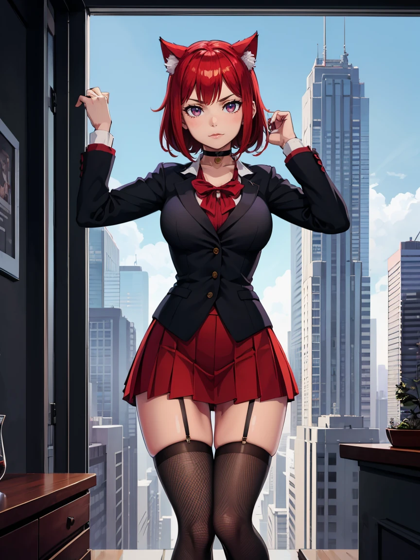 score_9, score_8_above, score_7_above, 32K, 1 girl, Alone, cat girl, Red hair, purple eyes, fishnet stockings, pleated skirt, in skyscrapers, futuristic interior, looking at the viewer, moe fang, Closed mouth, choker, Dynamic pose
