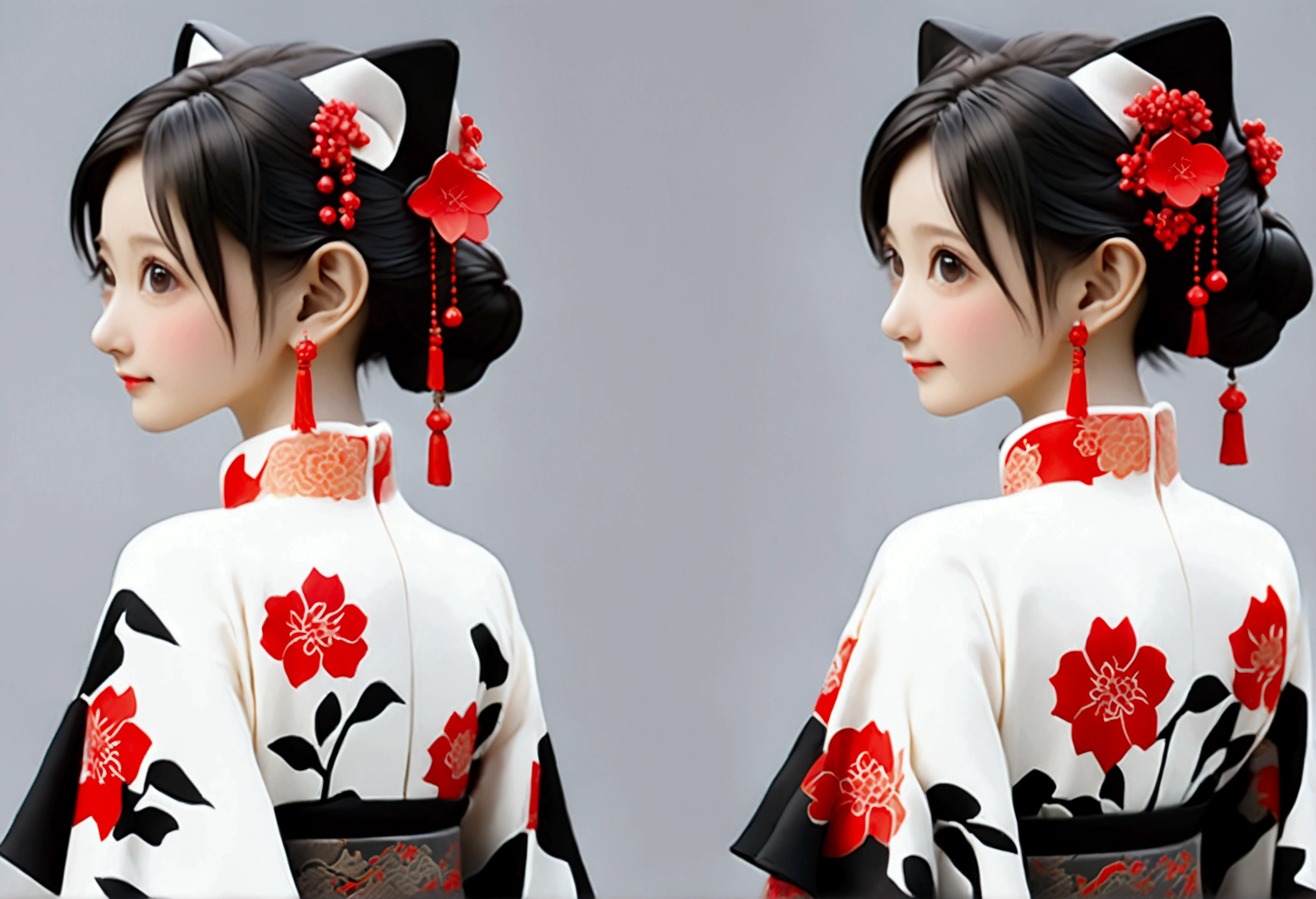 (((Showing the front view of the same 3D character IP figurine design、Side View、Rear view:1.5)))，Young fashionable girl，Wearing a fashionable ink-dyed cheongsam，Ink black and white mixed color Atles silk cheongsam，Uyghur totem cheongsam，Red bougainvillea pattern，Cheongsam style combining ethnicity and fashion，Chinese retro pattern，Cute floral pattern，airplane sleeves，Wide sleeves，Balloon sleeves，Pipa sleeves，Create 3D national trend characters，Delicate bougainvillea pattern，Multi-ethnic cultural integration，Three-dimensional Chinese style，Chinese style 3D character IP figure design，Perfectly proportioned oval face，Film-level ultra-high quality texture，Global Illumination，（Full body styling），((The same 3D character IP figure design with the same clothing and accessories from multiple perspectives，Front view of the same 3D character IP figurine design，同一个3D人物IP手办设计的Side View，同一个3D人物IP手办设计的Rear view))，
