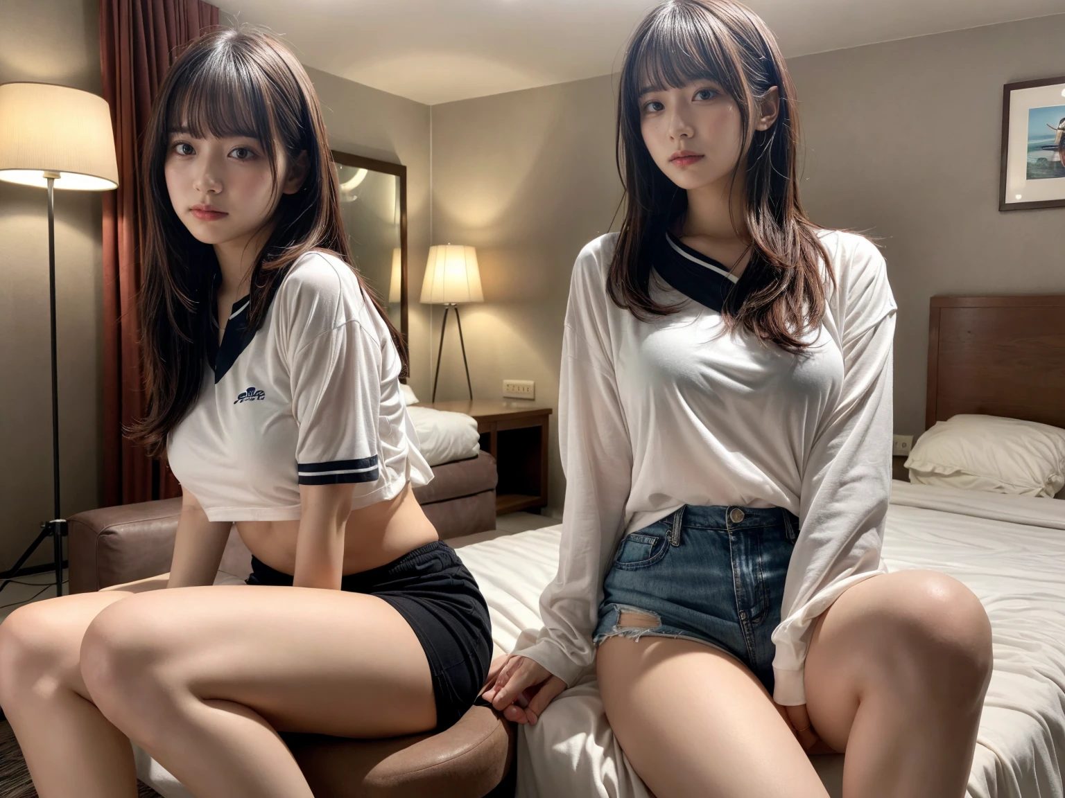masterpiece, best quality, illustration, Super detailed, fine details, High resolution, 8K,wall paper, perfect dynamic composition,(Details High quality, realistic depiction of eyes:1.3), (2 girls), oversized sport shirt, shorts women, sitting, open legs, short bob hair, in a hotel room in the background, deep on field, large breasts, black hair color, Big Natural Color Lip, (perfect body shape), crying a little、Harajuku style、20 year old girl、cute type、beautiful legs, Gravure Idol