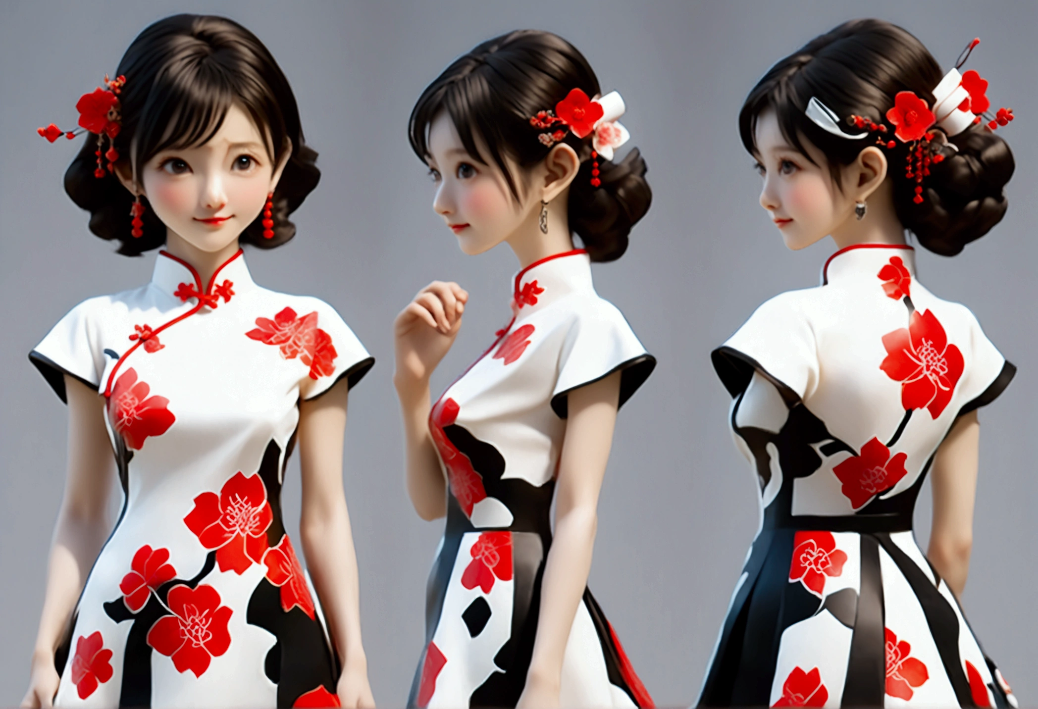 (((Showing the front view of the same 3D character IP figurine design、Side View、Rear view:1.5)))，Young fashionable girl，Wearing a fashionable ink-dyed cheongsam，Ink black and white mixed color Atles silk cheongsam，Uyghur totem cheongsam，Red bougainvillea pattern，Cheongsam style combining ethnicity and fashion，Chinese retro pattern，Cute floral pattern，airplane sleeves，Wide sleeves，Balloon sleeves，Pipa sleeves，Create 3D national trend characters，Delicate bougainvillea pattern，Multi-ethnic cultural integration，Three-dimensional Chinese style，Chinese style 3D character IP figure design，Perfectly proportioned oval face，Film-level ultra-high quality texture，Global Illumination，（Full body styling），((The same 3D character IP figure design with the same clothing and accessories from multiple perspectives，Front view of the same 3D character IP figurine design，同一个3D人物IP手办设计的Side View，同一个3D人物IP手办设计的Rear view))，
