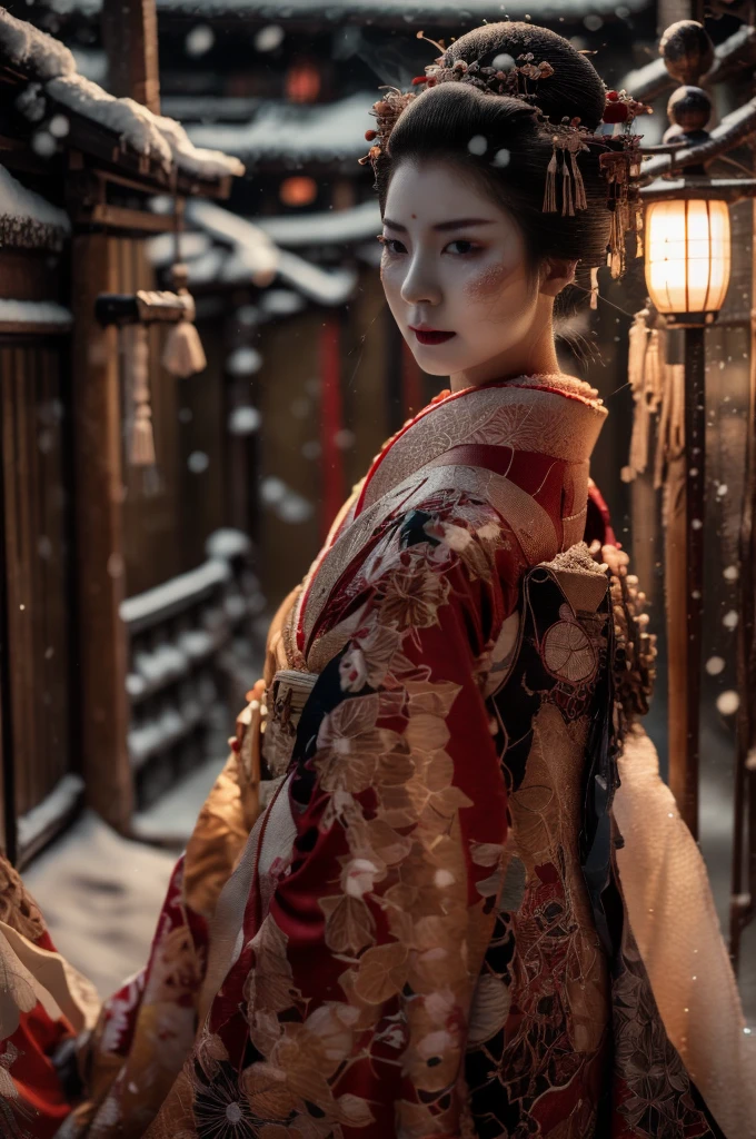 A mature woman in realistic portrait of high quality and detail, movie style, mature face, 43 years old, Geisha, white makeup, She has Japanese traditional hairstyle, traditional hairstyle-nihongami, black eyes, pale skin, asian girl, She is wearing a traditional Japanese pink kimono, blood on her clothes, medium breast, curvy, milf, mole on her face, dark fantasy, dark atmosphere, dramatic look, glow, eye shadow, 1girl, Depth & Perspective, melancholic face, fine face, full-height photo, She's standing in the old japanese street, outdoors, snow on background, winter, night time, looking at viewer, (ultra-high detail:1.2), Masterpiece, Best Quality, Ultra-detailed, Cinematic lighting, 8K, delicate features, cinematic, 35 mm lens, f/1.9, highlight lighting, global lighting –uplight –v 4, cinematic, Cinematic lighting, 8K, high quality, Highest Quality, (Solo Focus), (extremly intricate:1.3), (Realistic), masterful, Analog style, (Film grain:1.5), (cold tone),