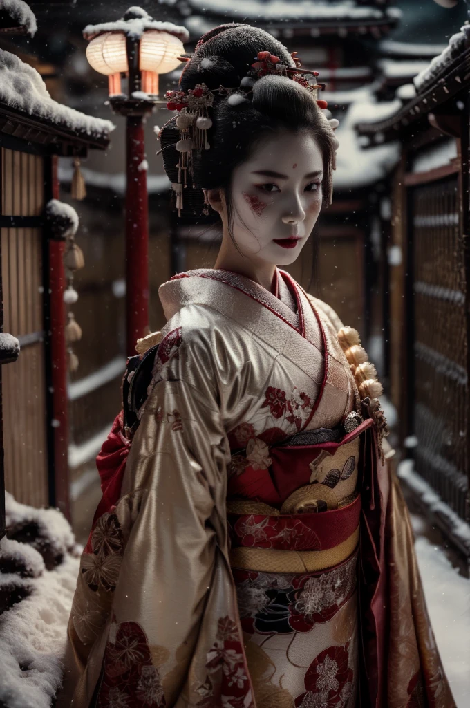 A mature woman in realistic portrait of high quality and detail, movie style, mature face, 43 years old, Geisha, white makeup, She has Japanese traditional hairstyle, traditional hairstyle-nihongami, black eyes, pale skin, asian girl, She is wearing a traditional Japanese pink kimono, blood on her clothes, medium breast, curvy, milf, mole on her face, dark fantasy, dark atmosphere, dramatic look, glow, eye shadow, 1girl, Depth & Perspective, melancholic face, fine face, full-height photo, She's standing in the old japanese street, outdoors, snow on background, winter, night time, looking at viewer, (ultra-high detail:1.2), Masterpiece, Best Quality, Ultra-detailed, Cinematic lighting, 8K, delicate features, cinematic, 35 mm lens, f/1.9, highlight lighting, global lighting –uplight –v 4, cinematic, Cinematic lighting, 8K, high quality, Highest Quality, (Solo Focus), (extremly intricate:1.3), (Realistic), masterful, Analog style, (Film grain:1.5), (cold tone),