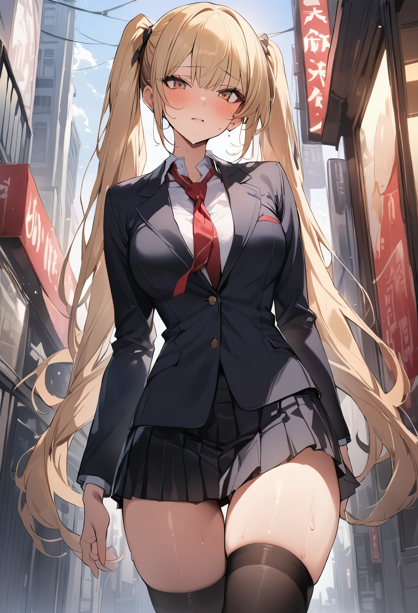 ((masterpiece,best quality anime,Highest quality:1.3)),cowboy shot,Mature Beauty,独奏,1woman,((very small head:1.3)),((ideal ratio body proportions:1.2)),blonde hair,high twin tails,straight long hair,bangs,gorgeous eyes,brown eyes,shy,(School uniform、Black blazer jacket、Red tie、Black pleated mini skirt),black_thighhighs,black hair ties,((slender body,skinny)),medium breasts,sweat:1.3,gleaming skin,shiny skin,standing,on street,Shibuya、Modern Tokyo、