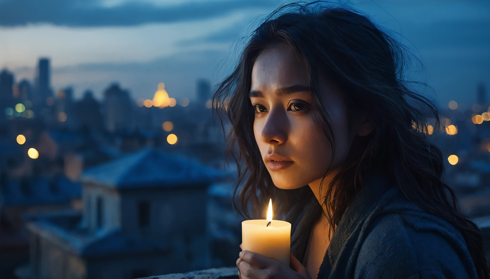 Create a cinematic, realistic photo with closeup shot with clear face. IOn a dimly lit, blue-tinted rooftop overlooking a decayed cityscape, Jessy stands near the edge, illuminated by the soft, flickering light of a candle she holds. The candlelight casts a warm glow on her face, revealing a mix of sadness and fierce determination. The vast, crumbling city below is shrouded in shadows, contrasting with the clear, focused expression on Jessy’s face. The blue tones and the gentle candlelight emphasize her inner strength and belief in her vision, creating a poignant scene of hope amidst the desolation. The overall mood is serene and breathtaking.