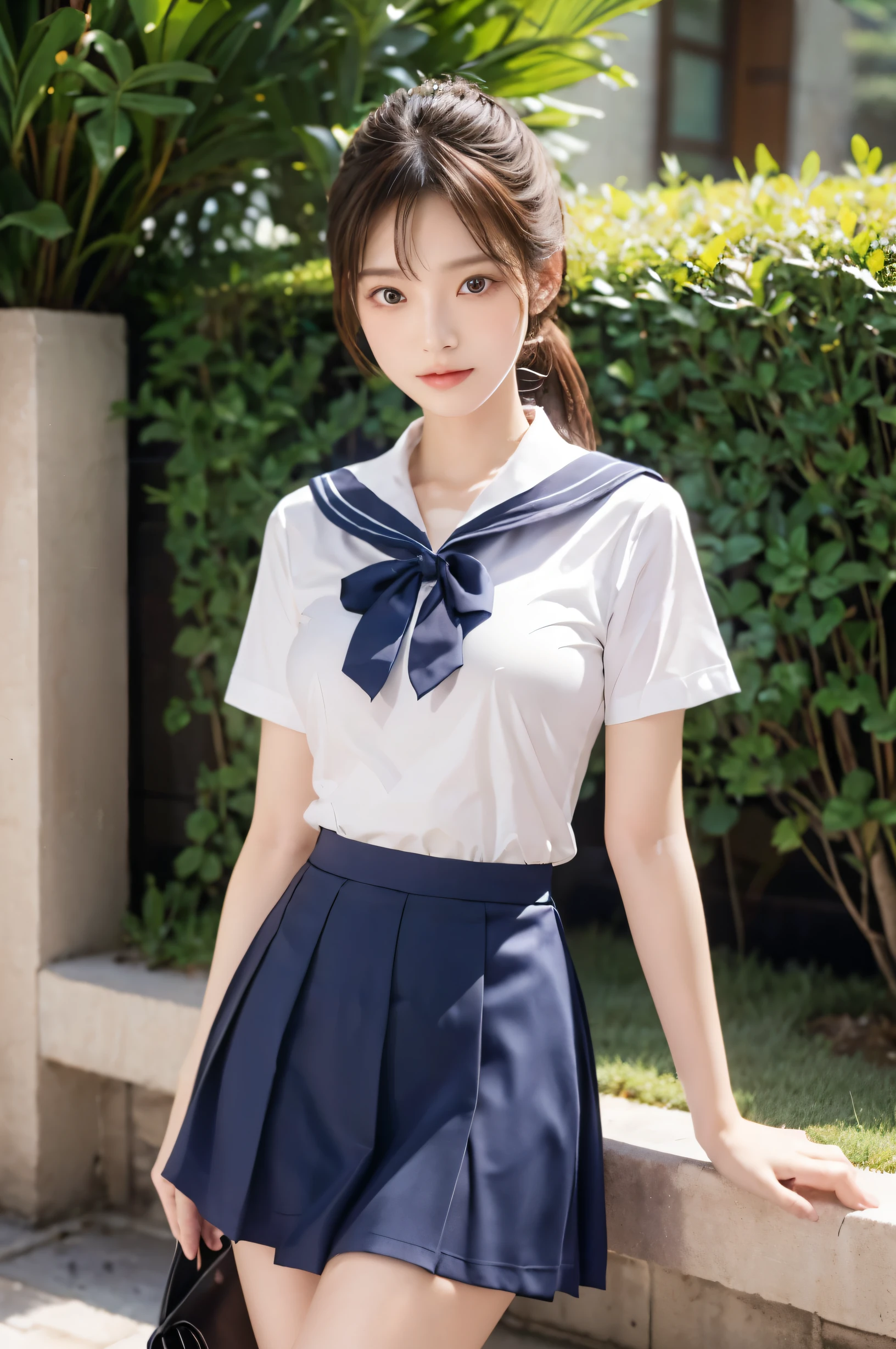 (Ultra HD), (Sailor suit:1.4, White short sleeve shirt, Navy blue mini skirt), Big Breasts, slender, Narrow waist, whole body, Standing posture, (Clean and shiny skin, Whitening, No makeup), (Super slim face, Super beautiful face), (Light Brown Ponytail, Layered Cut, Fluffy hair), (double eyelid, Slanted Eyes), Small Nose, Thin lips, Thin legs, school gate