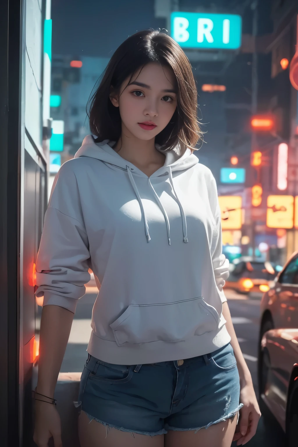 a beautiful woman in a white hoodie and denim shorts, with a plump body and big thighs, standing in a cyberpunk neon city, (best quality,4k,8k,highres,masterpiece:1.2),ultra-detailed,(realistic,photorealistic,photo-realistic:1.37),hyper-detailed face and body, beautiful detailed eyes, beautiful detailed lips, extremely detailed eyes and face, long eyelashes, glowing skin, neon lights, futuristic architecture, moody lighting, vibrant colors, 8k, highly detailed, photorealistic, cinematic, intricate details