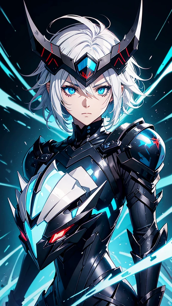 Make a male character ((extreme quality))anime girl with white spiky hair with a helmet with four pointy horns on the side and the eye openings on the helmet are like blue glass and matte black armor and blue symbols and marks all over its shoulder pads like scorpions&#39; tails and various spikes and on his back six different moons bracelets with humic designs he has boots as dark as the night,he walks on a river and the moon is in the sky with black clouds and a sentence in this image (for the bank... MOON LORD PRIME) and he is in front (senário medieval)