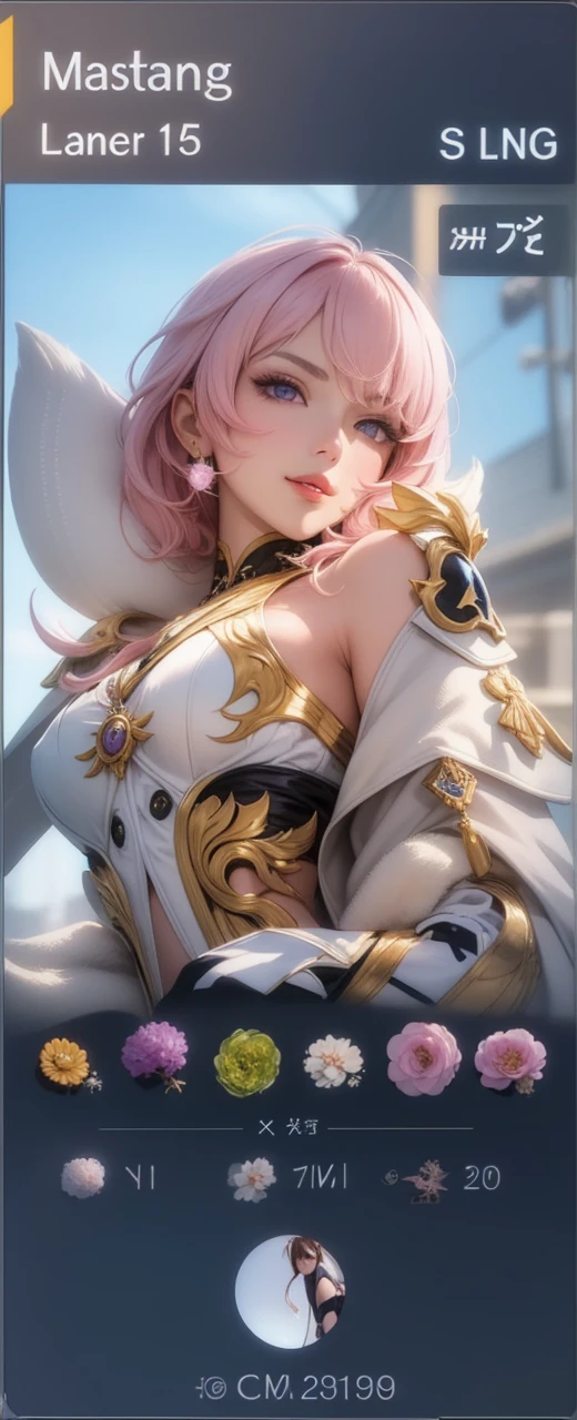 (masterpiece, best quality), intricate details, thin, ((slim)), beautiful girl, Light pink hair, white skin, light purple eyes, sharp jawline, cropped jacket, messy hair, lips, upper body, smirk