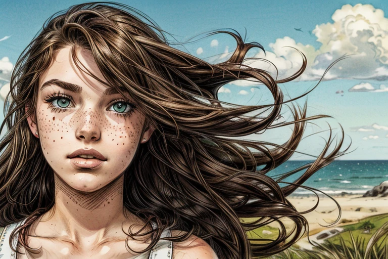 girl with a , freckles, green eyes and brown hair Beautiful Freckles Hair moving with the wind