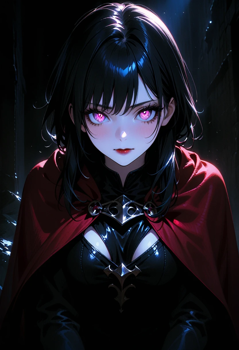 full body portrait, 1girl, solo, (long black hair), detailed face, mischief expression, pale white skin, pink eyes, (detailed eyes), long eyelashes, black eye liner, red lipstick, black tunic, red cloak, long dress, leather glove, (chest armor), moonlight, hard lighting, blue light, cold light, (medieval theme), (masterpiece), super detailed, best quality, POV, dw01-3400