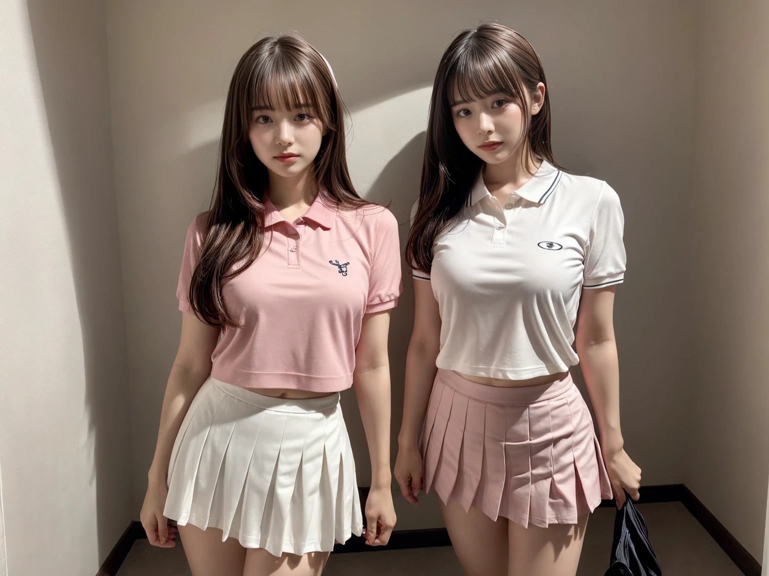 masterpiece, best quality, illustration, Super detailed, fine details, High resolution, 8K,wall paper, perfect dynamic composition,(Details High quality, realistic depiction of eyes:1.3), (2 girls), BREAK (white theme:1.4), (tucked-out short sleeve white polo shirt:1.4), (pink lines on tops outline:1.3), (pure white pleated mini skirt:1.3), (hem of top covers top half of skirt:1.3), (pink fluffy scrunchie on wrist:1.3), (white and pink sports shoes:1.2), sitting, open legs, short bob hair, in a hotel room in the background, deep on field, (large breasts:1.2), black hair color, Big Natural Color Lip, (perfect body shape), crying a little、Harajuku style、20 year old girl、cute type、beautiful legs, Gravure Idol