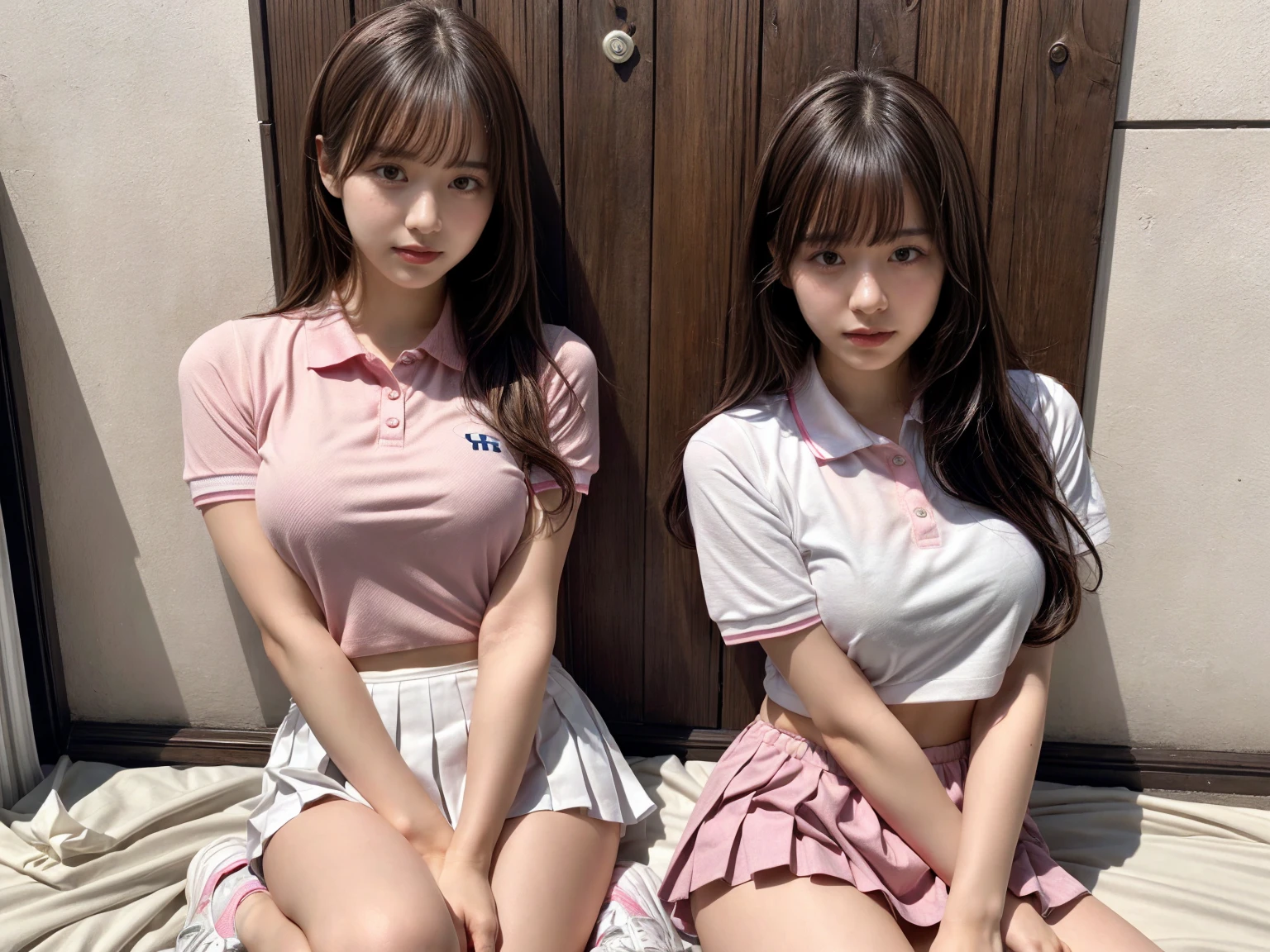 masterpiece, best quality, illustration, Super detailed, fine details, High resolution, 8K,wall paper, perfect dynamic composition,(Details High quality, realistic depiction of eyes:1.3), (2 girls), BREAK (white theme:1.4), (tucked-out short sleeve white polo shirt:1.4), (pink lines on tops outline:1.3), (pure white pleated mini skirt:1.3), (hem of top covers top half of skirt:1.3), (pink fluffy scrunchie on wrist:1.3), (white and pink sports shoes:1.2), sitting, open legs, short bob hair, in a hotel room in the background, deep on field, (large breasts:1.2), black hair color, Big Natural Color Lip, (perfect body shape), crying a little、Harajuku style、20 year old girl、cute type、beautiful legs, Gravure Idol
