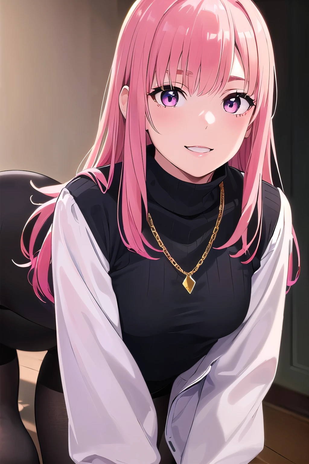 (8K, top-quality, masterpiece:1.2), (reallistic, Photorealsitic:1.37), Super Detail, One girl,), (Highly detailed), (beautifully detailed eyes), (of the highest quality), (super detailed ), (masterpiece), (Detailed face),20yr old, ,1 girl, ((pink hair,long hair)), medium breasts, clothed, Perfect Lighting, BREAK (black turtleneck:1.3), long sleeves, (soft fabric:1.1), (smooth texture:1.1), (black tights:1.3), (thick opaque:1.1), (simple and chic:1.1), (all black:1.2), (gold chain necklace:1.1), (small diamond studs:1.1), BRAKE, (upper body to thighs:1.1), (pink long hair:1.2), (smiling:1.1), (face turned slightly:1.1), (hands on collar:1.1), (one foot forward:1.1), (white background:1.1), (bright lighting:1.1), BRAKE