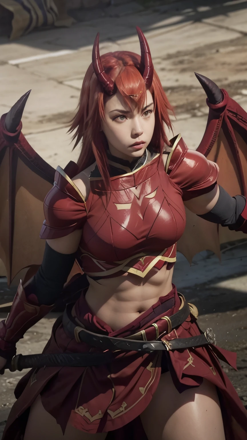 a muscular dragon-like woman with thick thighs,big breasts,wearing gray armor with a red skirt,holding a sword in battle stance,(best quality,4k,8k,highres,masterpiece:1.2),ultra-detailed,(realistic,photorealistic,photo-realistic:1.37),hyper-detailed,highly detailed face,extremely detailed eyes and face,longeyelashes,muscular body,athletic physique,dynamic pose,red bikini,red skirt,gray armor,holding sword,fantasy,digital art,concept art,illustration