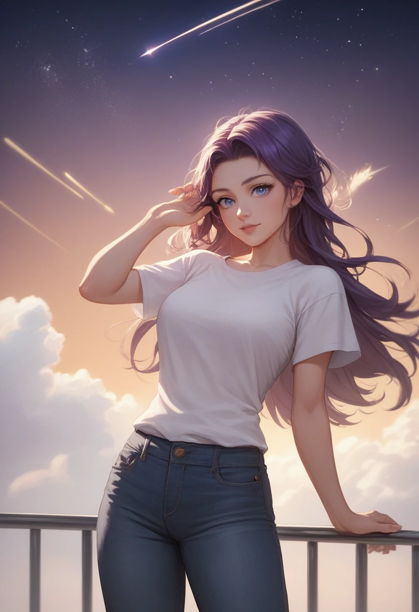score_7_up,score_8_up,score_9,source anime,surper detail,1girl,white shirt,black denim pants,In a nighttime meadow, shooting stars continuously streak across the sky, creating a light show. The entire meadow is bathed in starlight, spreading breathtaking beauty. A moment of being captivated by the miracles of nature.