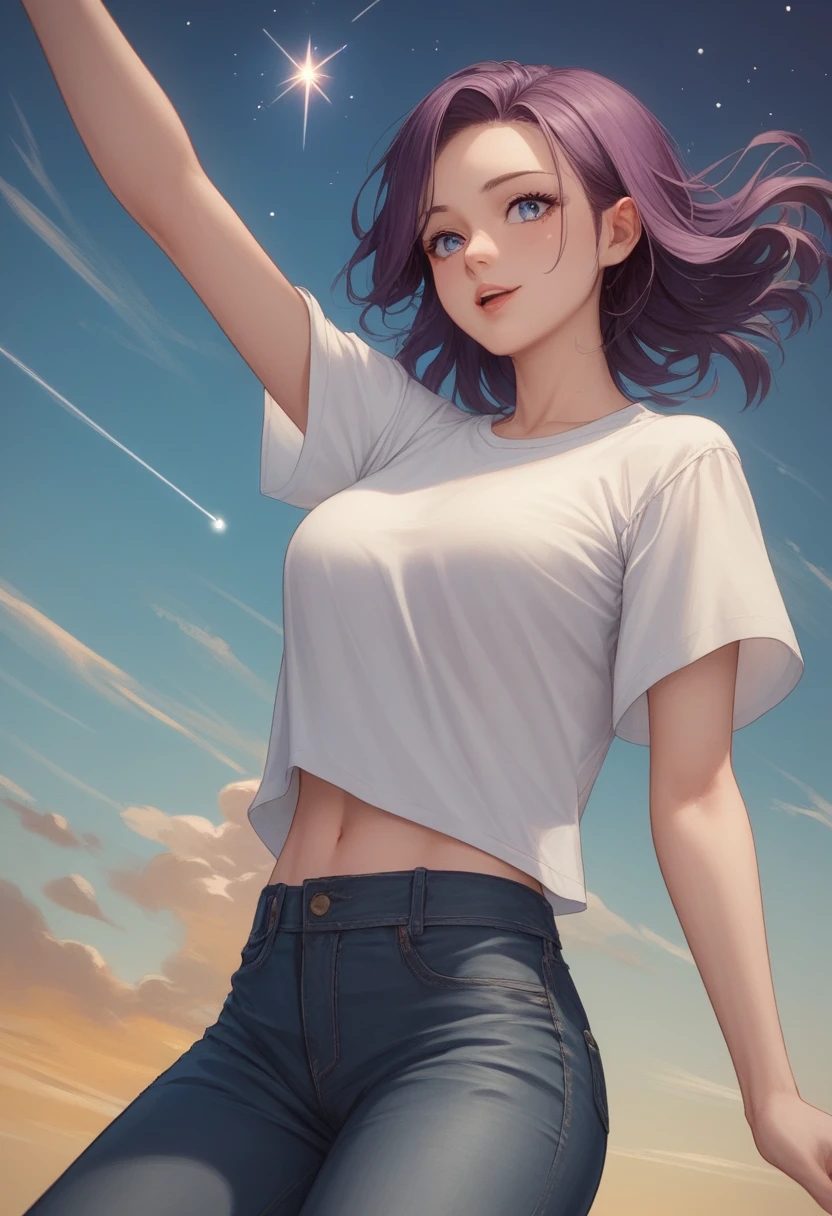 score_7_up,score_8_up,score_9,source anime,surper detail,1girl,white shirt,black denim pants,In a nighttime meadow, shooting stars continuously streak across the sky, creating a light show. The entire meadow is bathed in starlight, spreading breathtaking beauty. A moment of being captivated by the miracles of nature.