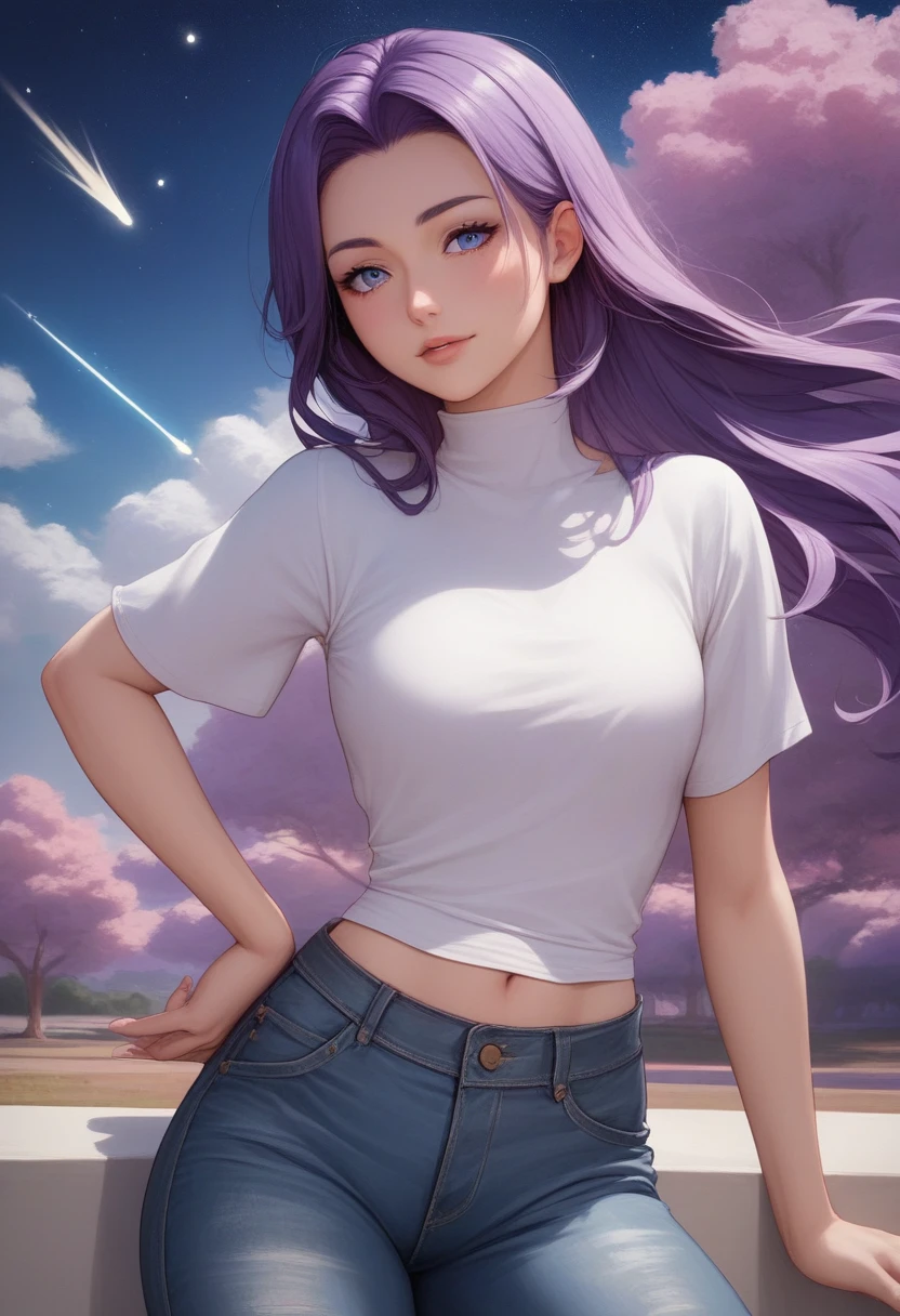 score_7_up,score_8_up,score_9,source anime,surper detail,1girl,white shirt,black denim pants,In a nighttime meadow, shooting stars continuously streak across the sky, creating a light show. The entire meadow is bathed in starlight, spreading breathtaking beauty. A moment of being captivated by the miracles of nature.