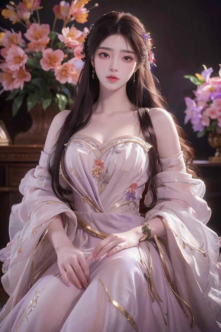 (Best quality,8K,A high resolution,Masterpiece:1.2),Ultra-detailed,(Realistic,Photorealistic,photo-realistic:1.37),Portrait,Creative style artwork,Historical,classical,Sophisticated,plethora of colors,Highly detailed,Soft lighting,luxurious environment,detailed gown,Vibrant flowers,detailed jewellery,Ethereal atmosphere,Elegant Pose,red dress,Graceful curves,Gold body proportions，Flowing hair,Breathtaking textile patterns,Harsh purple eyes,Delicate floral decoration,A dazzling array of crystal accessories,Mysterious and dreamy atmosphere,Impeccable attention to detail.