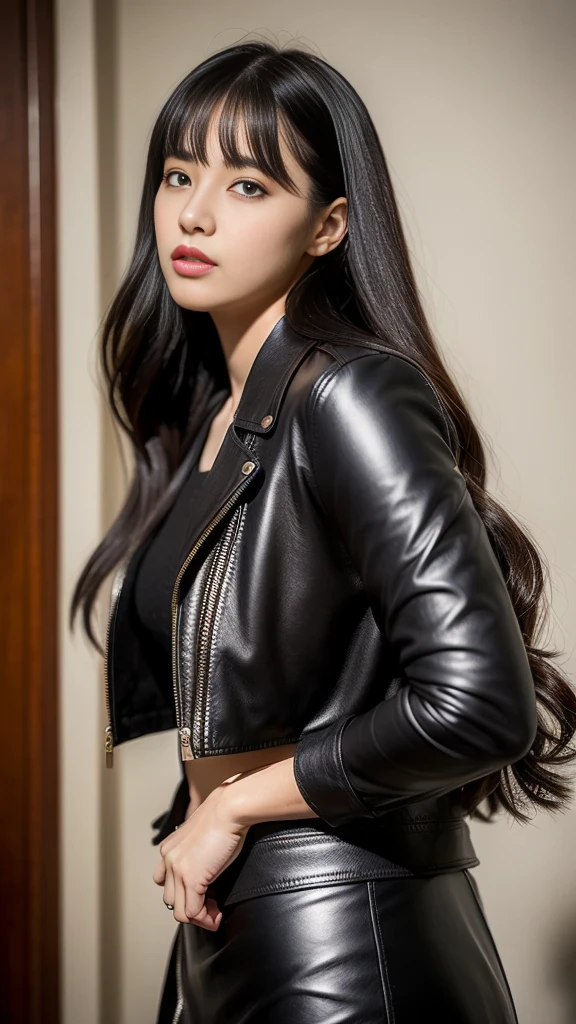 Long fringe hair、1girl in、Glossy leather riders jacket、Leather、tight skirts、(top-quality:1.4)、(超A high resolution:1.2)、(A detailed eye)、a room