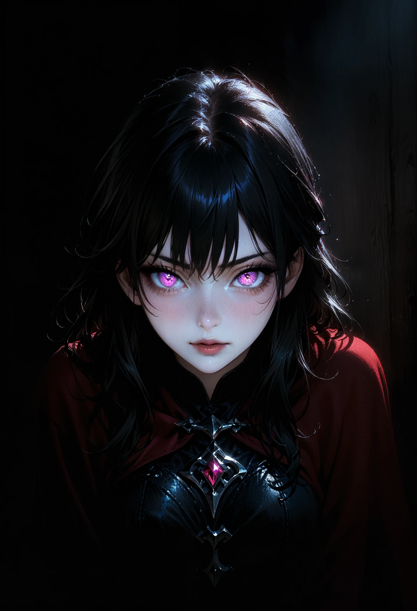 full body portrait, 1girl, solo, (long black hair), detailed face, mischief expression, pale white skin, pink eyes, (detailed eyes), long eyelashes, black eye liner, red lipstick, black tunic, red cloak, long dress, leather glove, (chest armor), moonlight, hard lighting, blue light, cold light, (medieval theme), (masterpiece), super detailed, best quality, POV, dw01-3400