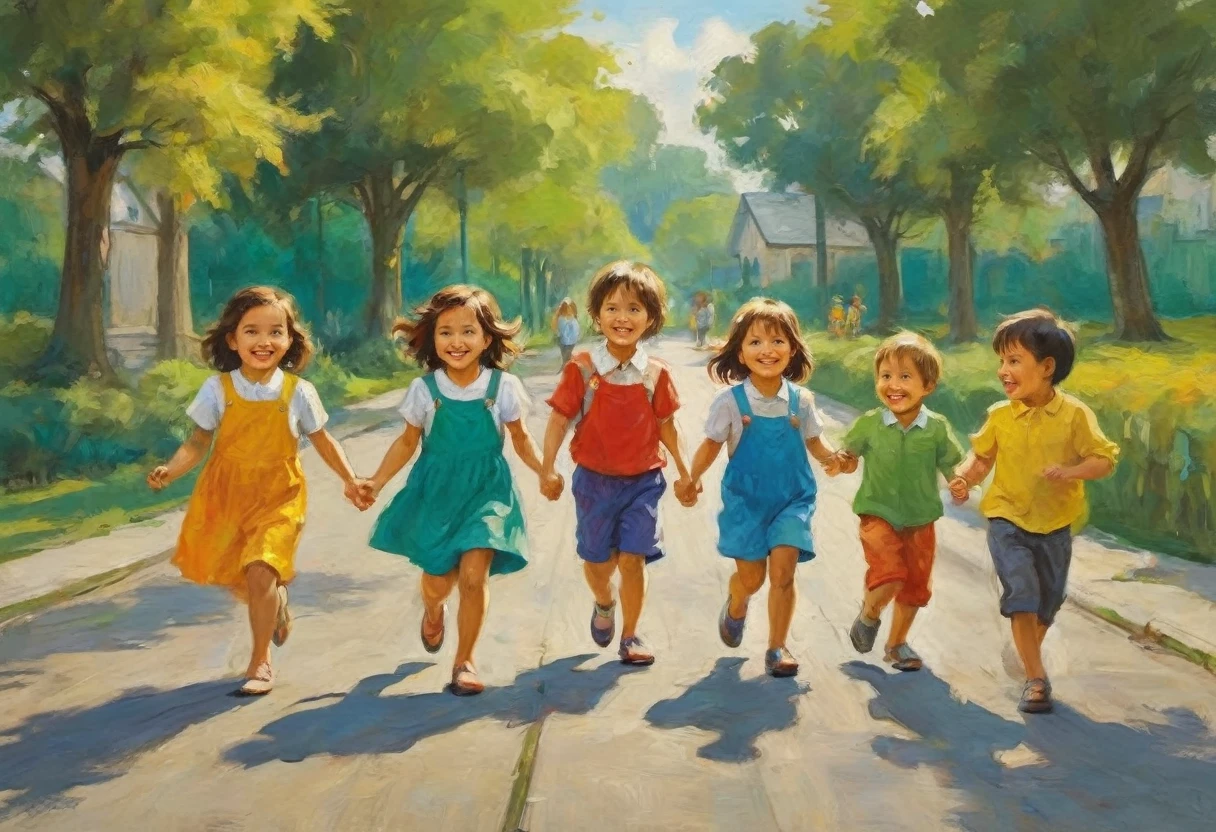 A bright rich and colorful painting, Roughly draw, Cartoon-style children's book illustrations drawn in watercolor and crayon,Depicts a curious dachshund running towards the viewer., Sunset,Cloud-speckled sky, Style of James R.. European Aviation Agency, Acrylic Fiber, Paint splash, rich and colorful, excellent, Realistic Surrealism, new, Intricate details, High Detail, octane, 8K