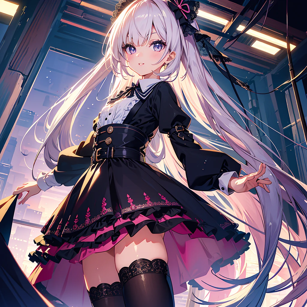 1girl, wearing a kawaii fashion outfit,
outfit features a pink blouse with black lace trim and a large bow at the collar,
The blouse is paired with a black high-waisted skirt with lace-up details,
The person is also wearing black knee-high socks with lace tops,
The overall look is cute and elegant,

(fashion illustration, extremely detailed),
bold colors,
patterned fabric,
long legs,

ultra-intricate background,

BREAK perfect legs,
insanely beautiful and detailed clothes, extremely shiny hair, beautiful small face, beautiful big round eyes, long eyelashes, double eyelids, parted lips, smile, kawaii, cute, (flat chest, slender), exquisitely delicate skin,
perfect anatomy, perfect hands, perfect fingers, dynamic angle, dynamic pose,

BREAK (DOF, wide shot), sharp focus on the girl, emphasizing depth,