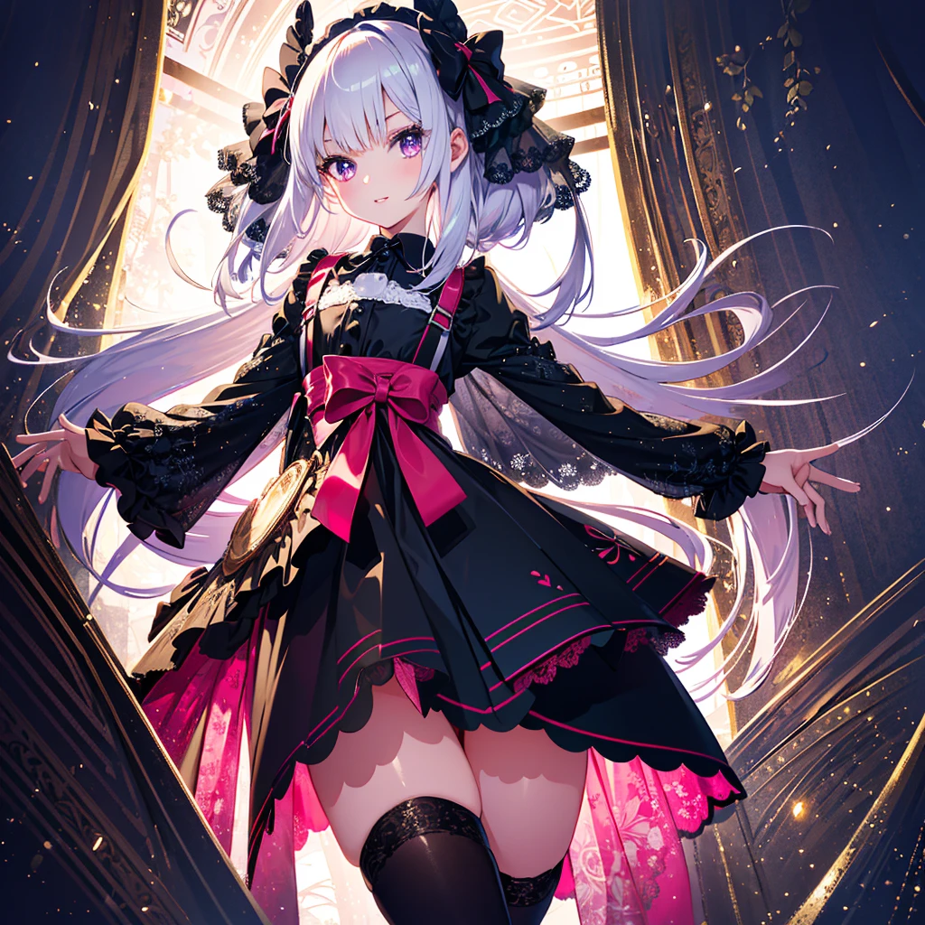 1girl, wearing a kawaii fashion outfit,
outfit features a pink blouse with black lace trim and a large bow at the collar,
The blouse is paired with a black high-waisted skirt with lace-up details,
The person is also wearing black knee-high socks with lace tops,
The overall look is cute and elegant,
(fashion illustration, extremely detailed),
bold colors,
patterned fabric,
long legs,
ultra-intricate background,
BREAK perfect legs,
insanely beautiful and detailed clothes, extremely shiny hair, beautiful small face, beautiful big round eyes, long eyelashes, double eyelids, parted lips, smile, kawaii, cute, (flat chest, slender), exquisitely delicate skin,
perfect anatomy, perfect hands, perfect fingers, dynamic angle, dynamic pose,
BREAK (DOF, wide shot), sharp focus on the girl, emphasizing depth,