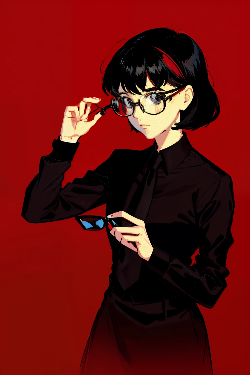 a 1girl, body complet, very detail, a lot of details, very extremely beautiful, ((masterpiece, minimalism)), (short black hair), black necktie, (red shirt), Dark colors, looks into space, ((glasses)), ((impressionism))