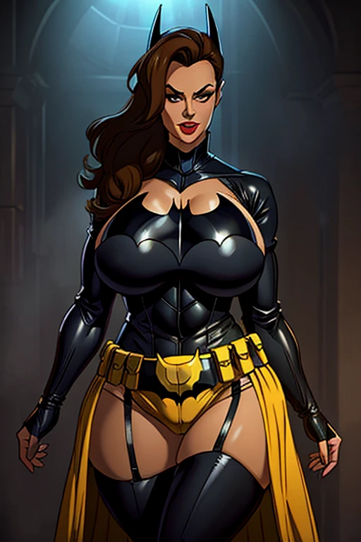 Batman transformed into a docile sexy female bimbo with huge breasts and thick lips