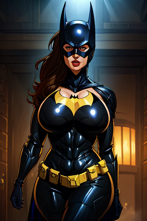 Batman transformed into a docile sexy female bimbo with huge breasts and thick lips