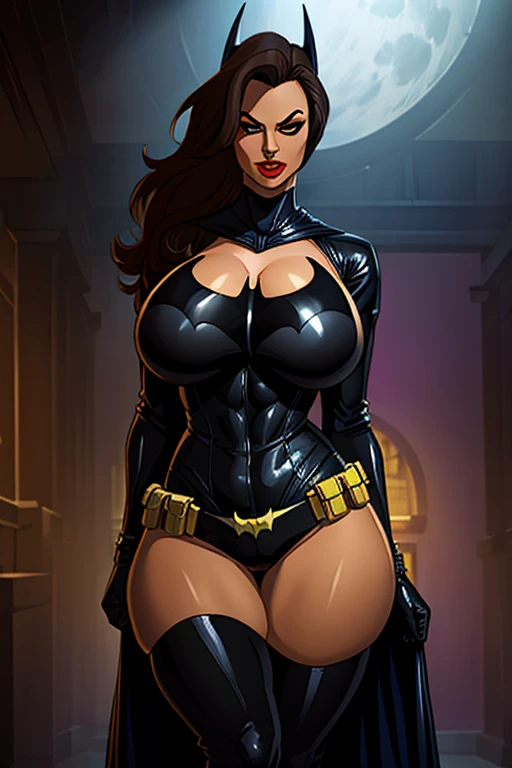 Batman transformed into a docile sexy female bimbo with huge breasts and thick lips