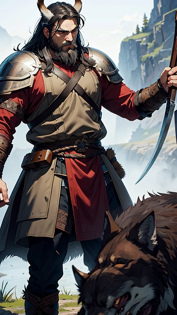 Nanevenant, ancient viking warrior, weighs 90 kilos, great ax, barba, black hair, companion red wolf