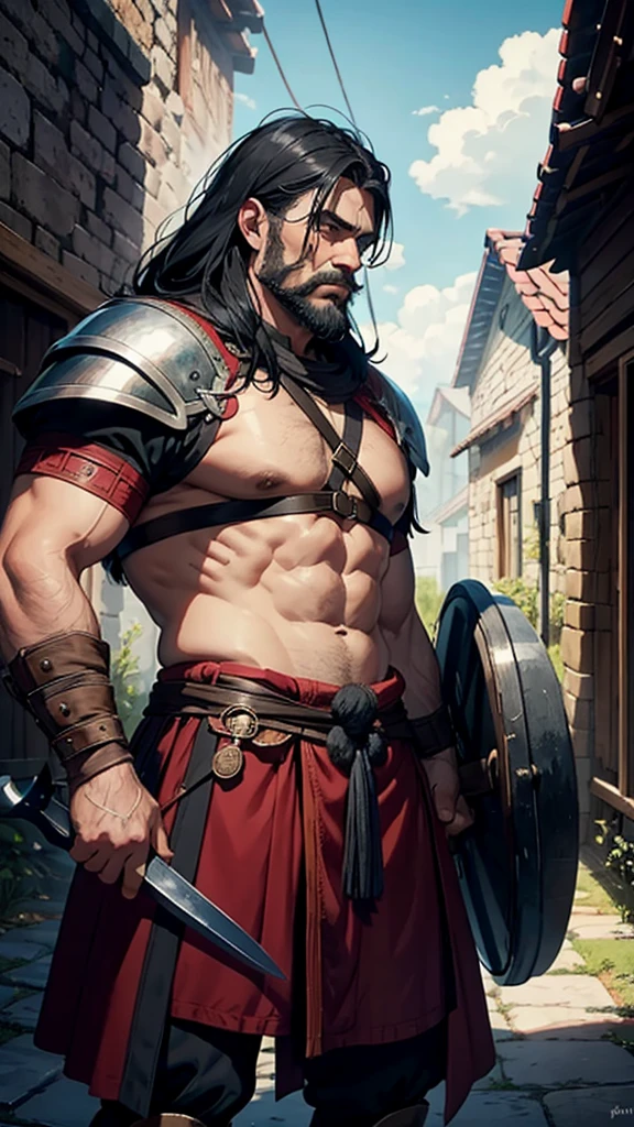 Nanevenant, ancient viking warrior, weighs 90 kilos, great ax, barba, black hair, companion red wolf