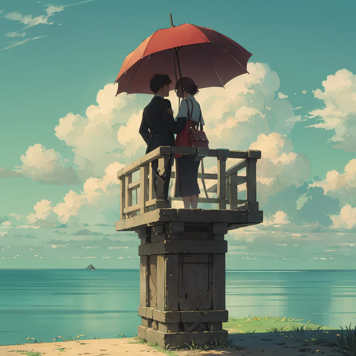 A romantic couple standing together on a beach, holding a red umbrella. The man and woman embrace each other tenderly, looking into each other's eyes with love and affection. The scene is set against a backdrop of a vast ocean, with gentle waves and a beautifully clouded sky. The grass in the foreground is lush and green, providing a soft base for the scene. The image has a slightly painterly effect, with the colors appearing vibrant and soft, reminiscent of an anime or watercolor painting. The overall atmosphere is serene and romantic, capturing a tender moment between the couple. The focus is on the couple, with the background slightly blurred, adding depth to the composition.
The photograph is taken from a wide perspective, making the couple appear far away, and capturing a broad view of the sky and landscape. This wide-angle approach emphasizes the expansive beauty of the surroundings, highlighting the serene ocean and the vast, cloud-filled sky, enhancing the dreamy and romantic ambiance of the scene