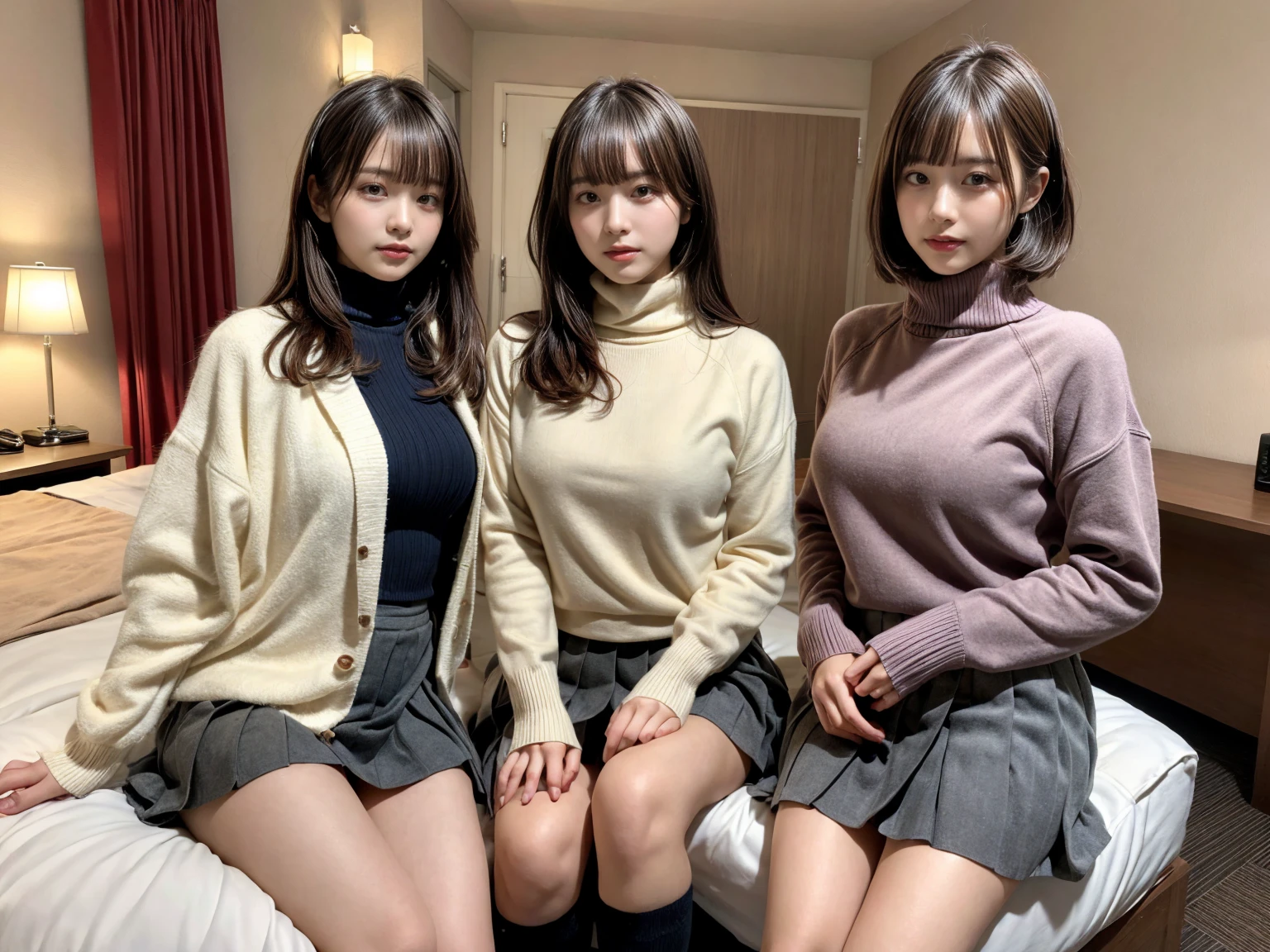 masterpiece, best quality, illustration, Super detailed, fine details, High resolution, 8K,wall paper, perfect dynamic composition,(Details High quality, realistic depiction of eyes:1.3), (3 girls), (Fleece jacket, turtleneck sweater, pleated skirt:1.2), sitting, open legs, short bob hair, in a hotel room in the background, deep on field, large breasts, black hair color, Big Natural Color Lip, (perfect body shape), crying a little、Harajuku style、20 year old girl、cute type、beautiful legs, Gravure Idol