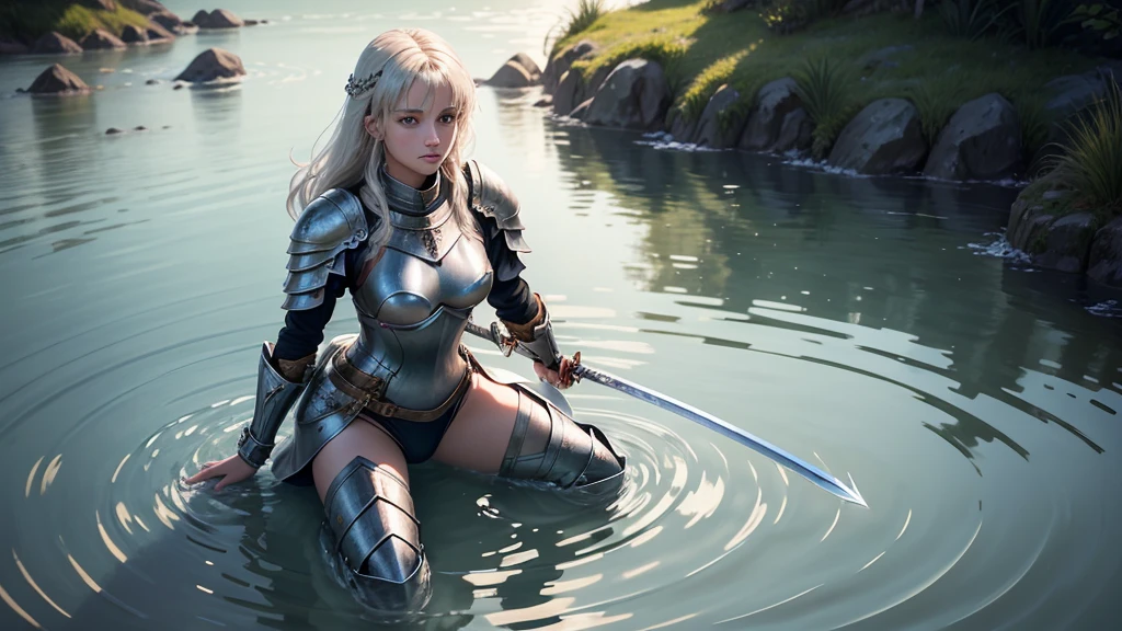 ultra high quality, a female knight is kneeling in sallow water, water ripples around her and she offers her sword in both open hands