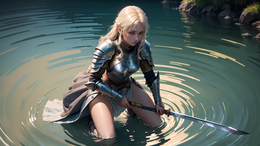 ultra high quality, a female knight is kneeling in sallow water, water ripples around her and she offers her sword in both open hands