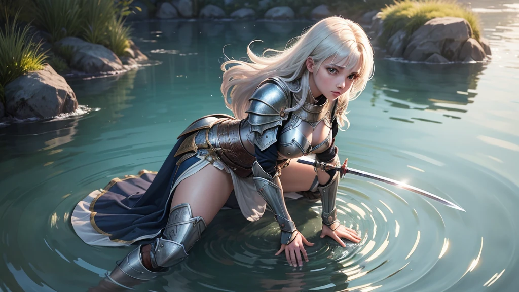 ultra high quality, a female knight is kneeling in sallow water, water ripples around her and she offers her sword in both open hands