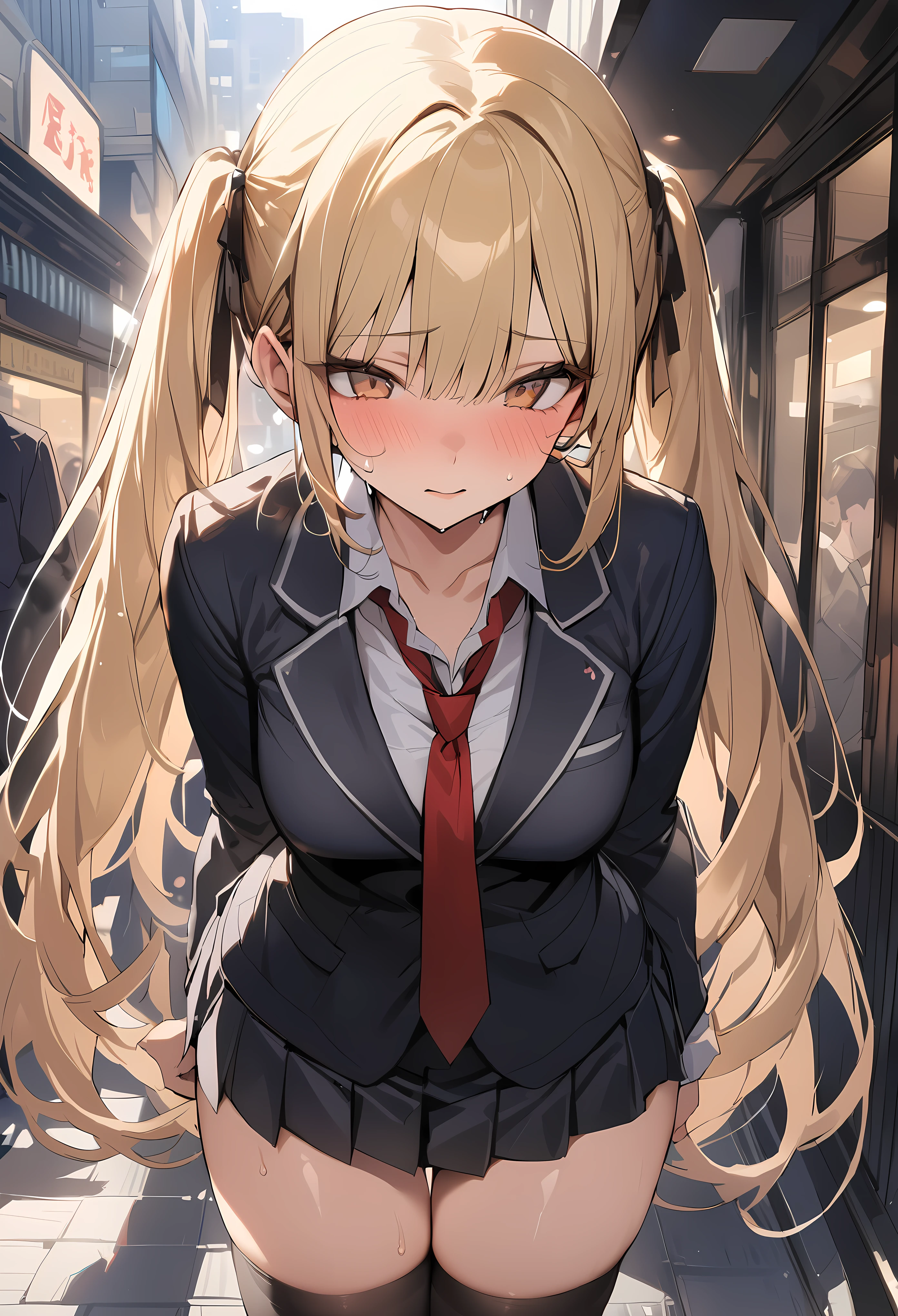 ((masterpiece,best quality anime,Highest quality:1.3)),cowboy shot,Mature Beauty,solo,1woman,((very small head:1.3)),((ideal ratio body proportions:1.2)),blonde hair,high twin tails,straight long hair,bangs,gorgeous eyes,brown eyes,shy,(School uniform、Black blazer jacket、Red tie、Black pleated mini skirt),black_thighhighs,black hair ties,((slender body,skinny)),medium breasts,sweat:1.3,gleaming skin,shiny skin,standing,on street,shibuya、Modern Tokyo、