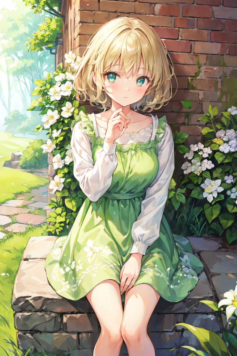 Beautiful illustration, best quality, cute girl, ((Leaning against a stonebrick wall)), green grass, pastel color, natural tones, nature, brown short hair, floral dress, happy, bright lighting, big eyes