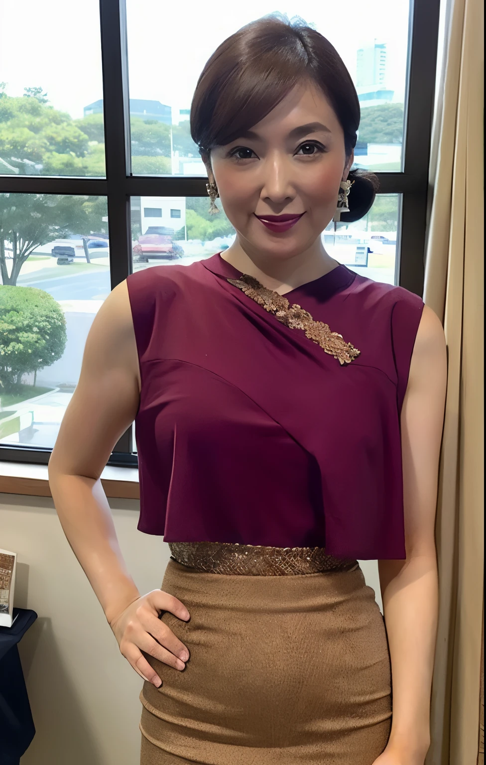 4K, Ultra-high resolution,RAW Photos,masterpiece, Highest quality,Realistic, photoRealistic,Sharp focus,Professional Lighting,Beautiful Eyes,Beautiful Face,photoRealistic,masterpiece,Highest quality,
a sexy 45 yo beautiful japanese woman in the office, ((smile)),short hair,
(Sophisticated and modest clothing for a 45-year-old woman:1.5),
Mega , Cleavage,
Are standing,((Underarm:1.2))
Wearing high heels,(((Tight Skirt))),((Sleeveless blouse)),
((office)),
morning,
((Front view:1.2)),((From below)),((Low position)),
Earrings,necklace,Detailed eyes,
office,window
