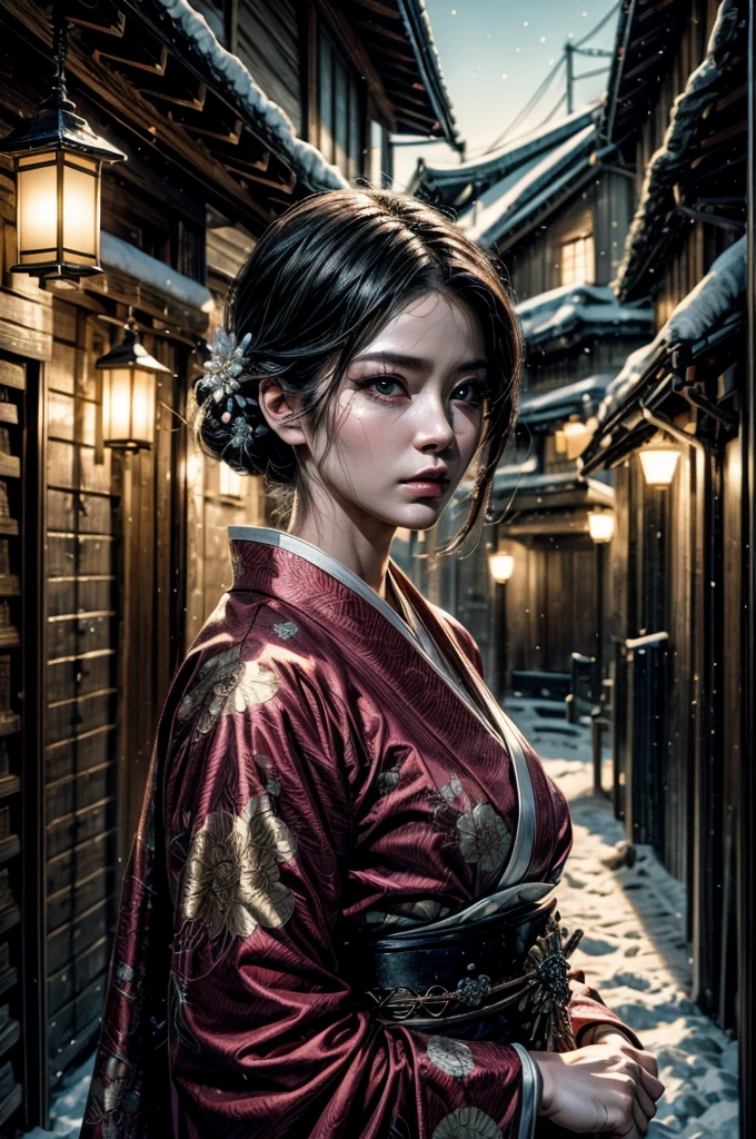 A mature woman in realistic portrait of high quality and detail, movie style, mature face, 43 years old, Geisha, white makeup, She has Japanese traditional hairstyle, traditional hairstyle-nihongami, black eyes, pale skin, asian girl, She is wearing a traditional Japanese pink armored kimono, blood on her clothes, medium breast, curvy, milf, mole on her face, dark fantasy, dark atmosphere, dramatic look, glow, eye shadow, 1girl, Depth & Perspective, melancholic face, fine face, She's standing in the japanese street, outdoors, snow on background, winter, night time, looking at viewer, (ultra-high detail:1.2), Masterpiece, Best Quality, Ultra-detailed, Cinematic lighting, 8K, delicate features, cinematic, 35 mm lens, f/1.9, highlight lighting, global lighting –uplight –v 4, cinematic, Cinematic lighting, 8K, high quality, Highest Quality, (Solo Focus), (extremly intricate:1.3), (Realistic), masterful, Analog style, (Film grain:1.5), (cold tone),