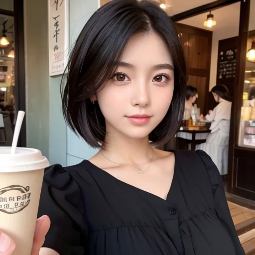 20-year-old women、Japanese、Beauty、The eyes are double、blouse、Coffee shop background、Beautiful Skin、Glossy Lips、Black short hair、whole body、Selfie
