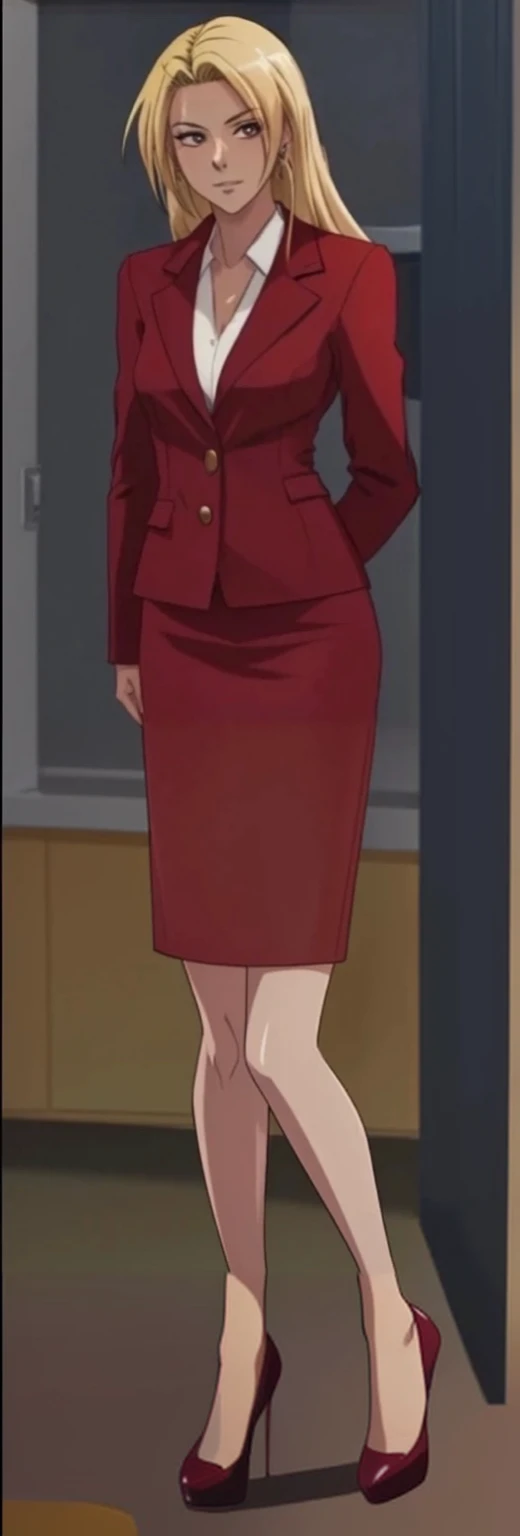 EVIL BLONDE BUSINESS WOMAN WEARING A BLOUSE WITH A RED SKIRT SUIT 90s ANIME ARTSTYLE WITH DARK RED HEELS FULL BODY WEARING A SLIGHTLY LONG RED PENCIL SKIRT 