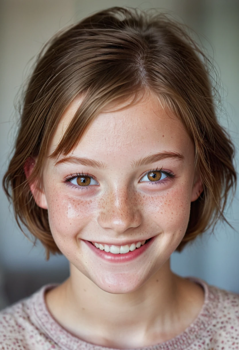 beautiful teenager, 13 years old, Danish, freckles, big smile, ruby eyes, short light brown hair, thin face,  natural makeup, hyperdetailed photography, soft light, half body shot