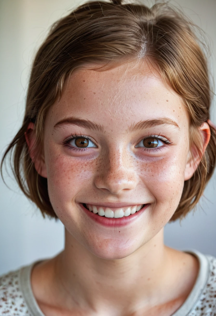 beautiful teenager, 13 years old, Danish, freckles, big smile, ruby eyes, short light brown hair, thin face,  natural makeup, hyperdetailed photography, soft light, half body shot