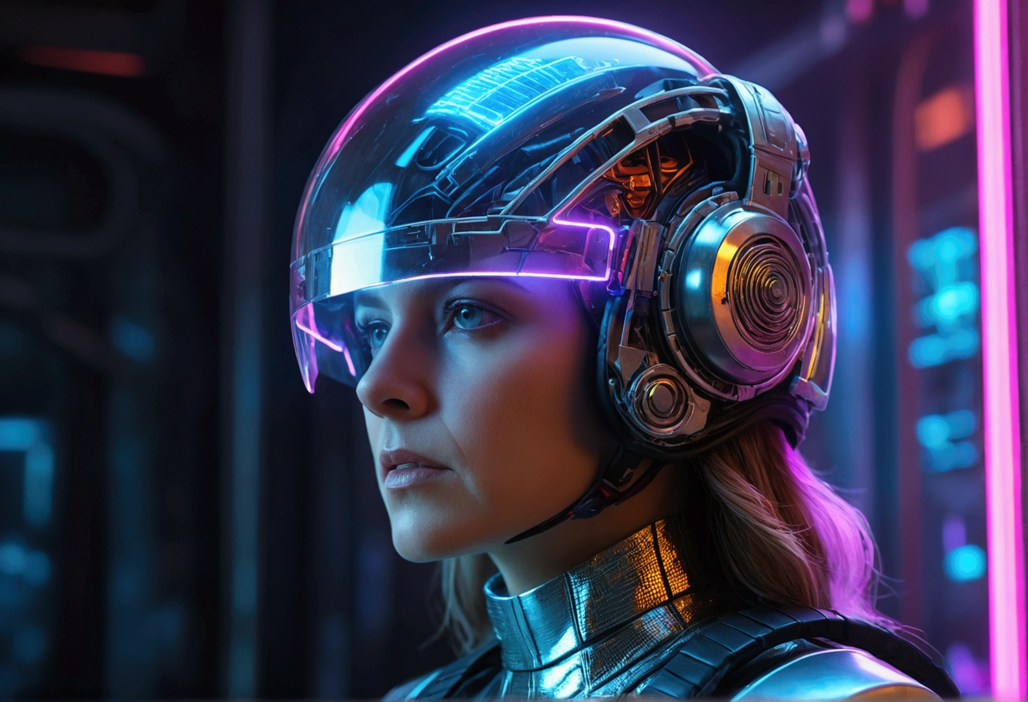 cinematic sci-fi movie scene, bionic woman, glass helmet, cyberpunk setting, cinematic lighting, hyper realistic, 8k, masterpiece, photorealistic, ultra detailed, dramatic lighting, neon lights, moody atmosphere, futuristic technology, advanced machinery, glowing circuits, chrome and steel, sharp focus, vivid colors